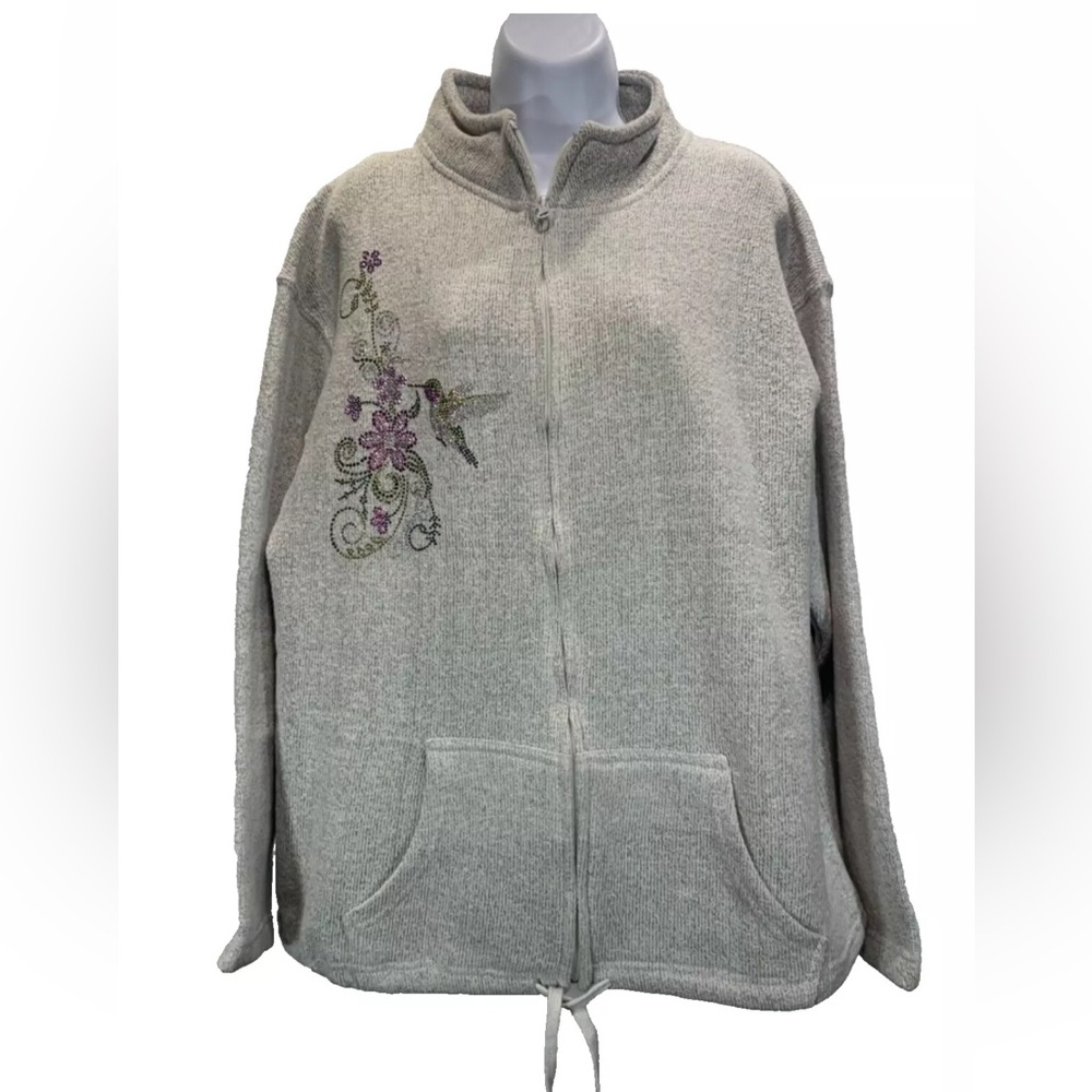 ISAAC'S DESIGNS Gray Sweatshirt Rhinestone Zip Front Jacket Large